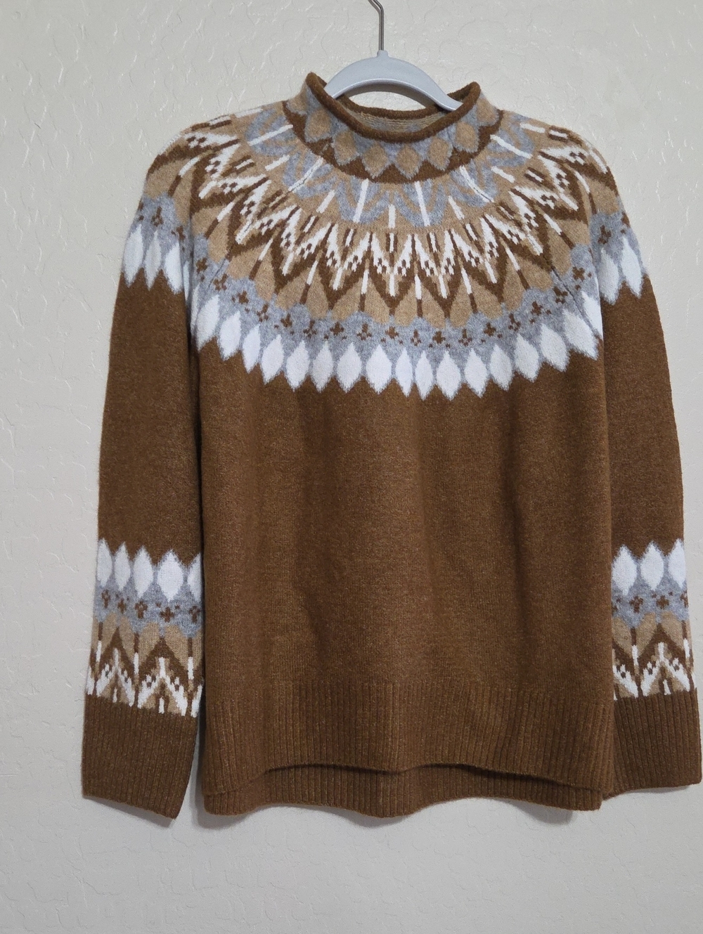 CeCe Brown Cowl Neck Sweater with White and Light Blue Accents